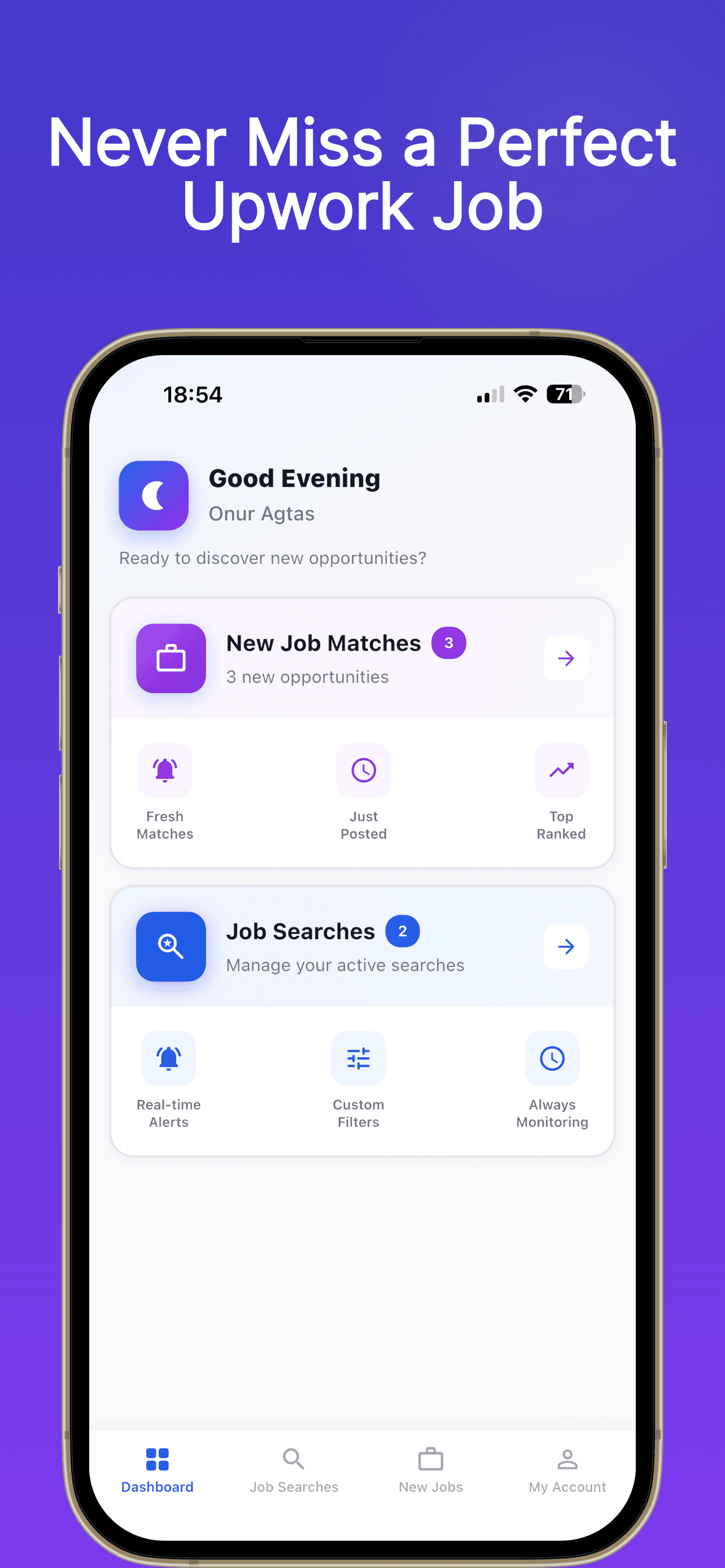 GigSentry iOS app dashboard showing matched Upwork jobs and active searches