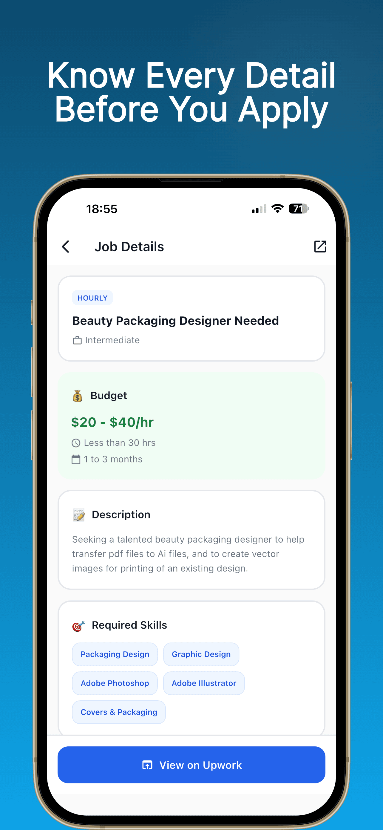 GigSentry Upwork job details view showing hourly rate, project length, and required skills
