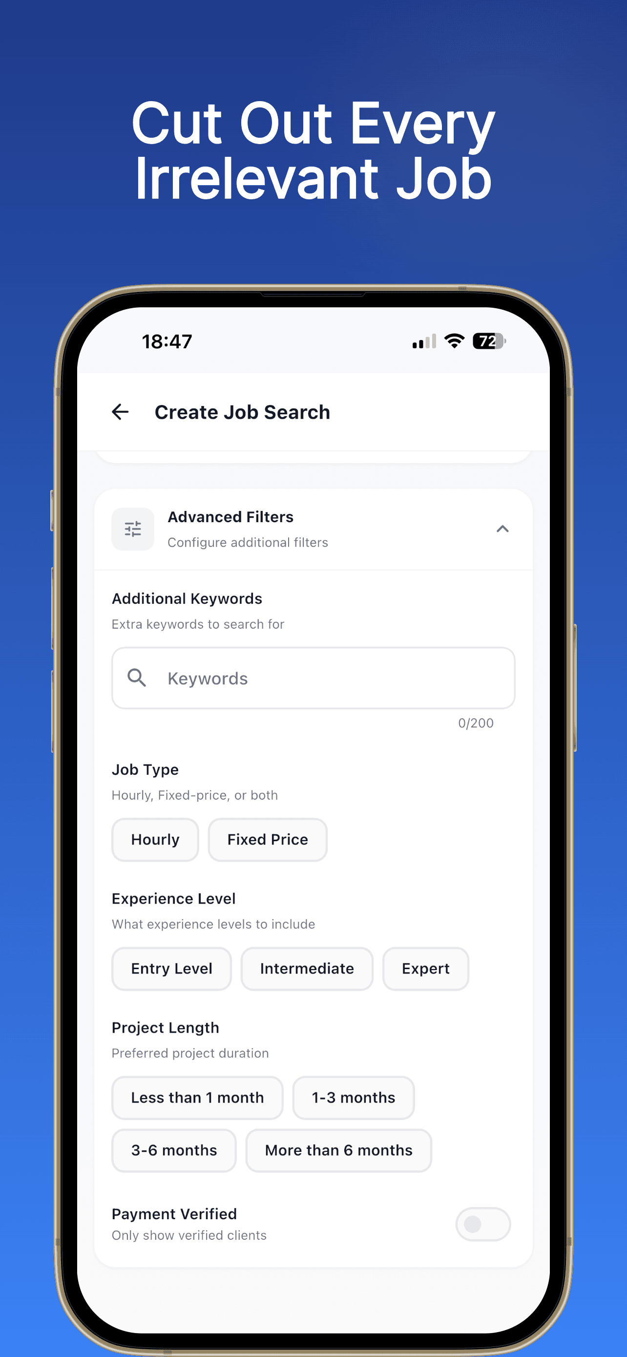 GigSentry advanced Upwork job filters for job type, experience level, and payment verification